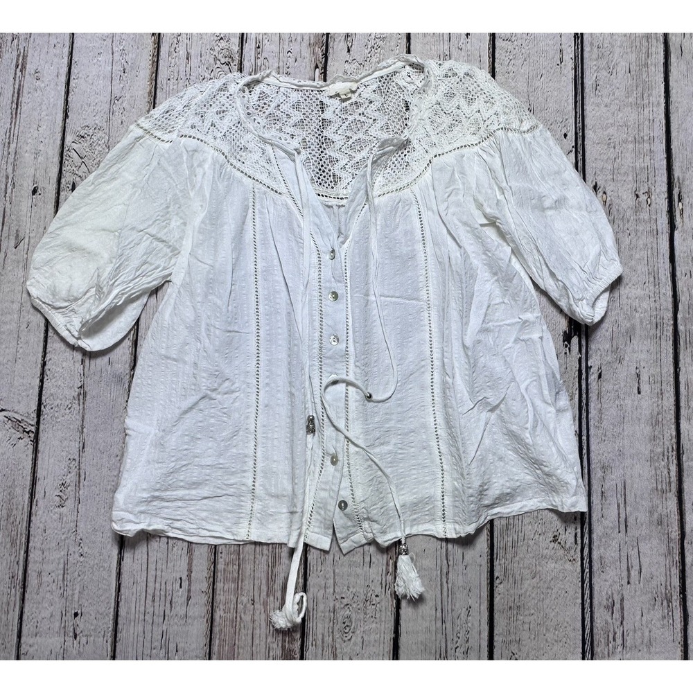 POL Top Blouse White Lacy Button Down Size L‎ Boxy Tassels Boho